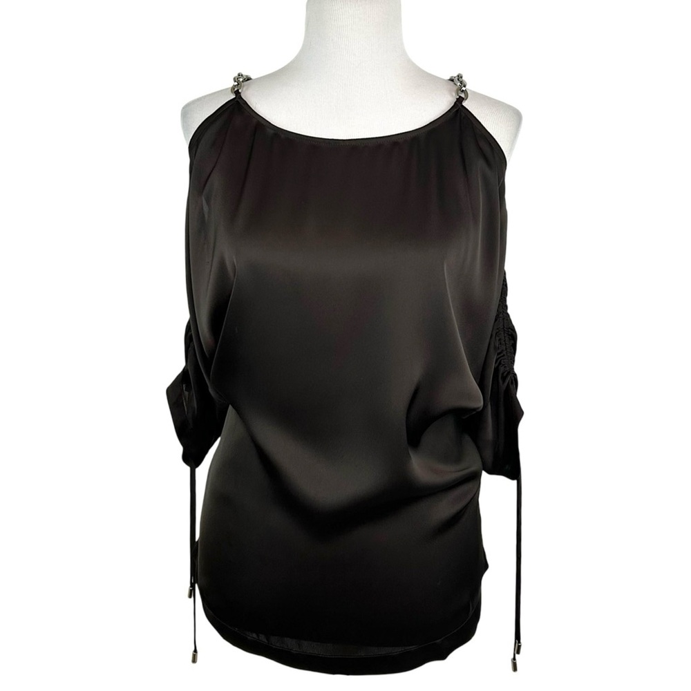 MICHAEL KORS Brown Cold Shoulder Chain Strap 3/4 Ruched Sleeve Top Blouse Small